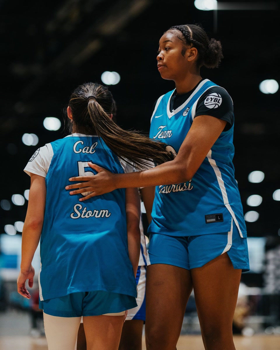 Two California Storm teammates sharing an encouraging moment during competition